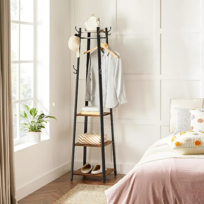 Coat Rack with 3 Shelves, Stand with Hooks for Scarves Bags and Umbrellas