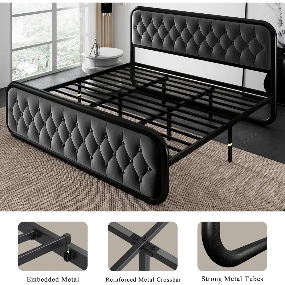 King-size Heavy-Duty Bed Frame With Faux Leather Headboard 12" Under-Bed Storage Black