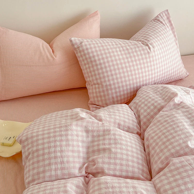 Simple Pink Stripe Bedding Set Bed Flat Sheet Pillowcase Full /Queen Bed Linen