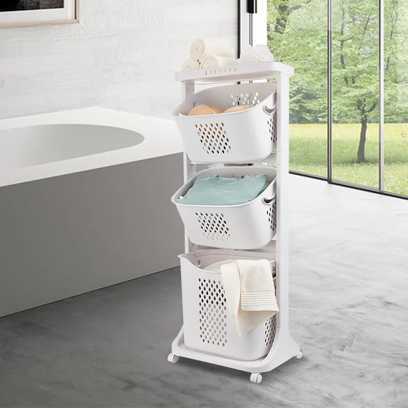 3 Multi-Layer Rolling Laundry Cart Dirty Clothes Basket Portable Handle