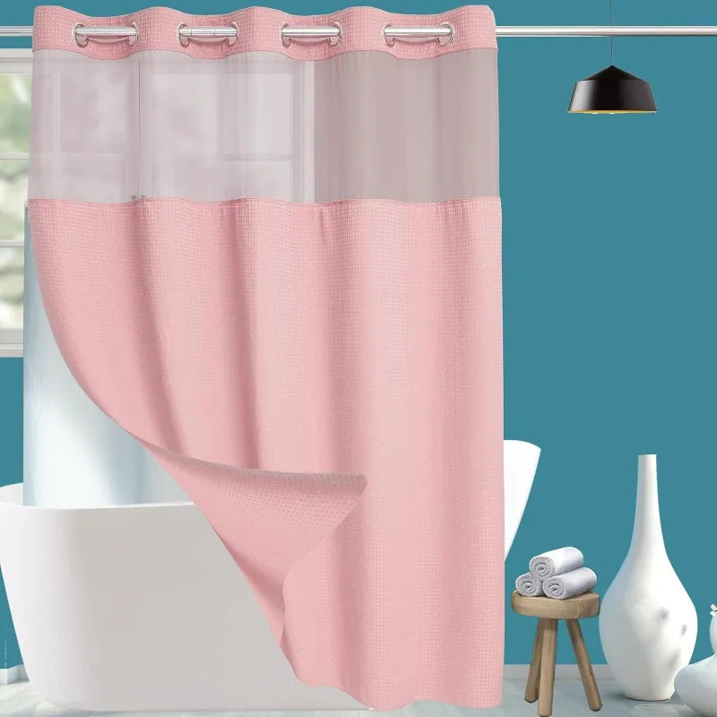 Fabric Shower Curtain Set with Snap in Line See Through Top Window, Waffle Weave Shower Curtain