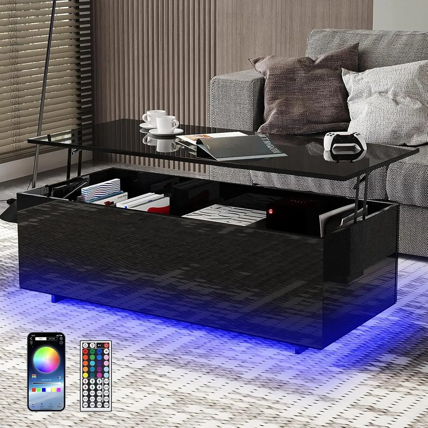 High Gloss Table with Led Lights, 20 Colors Controlled by Remote or App