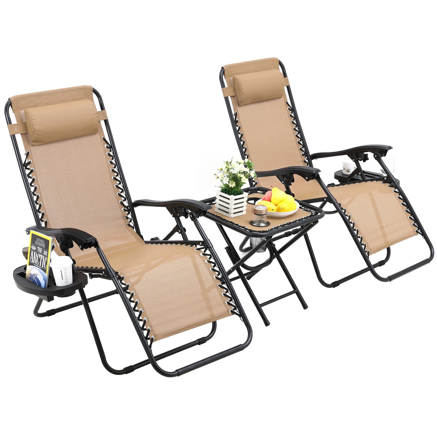 Sun Loungers Set of 2 Zero Gravity Chair Foldable with Side Table, Cup Holder, Head Cushion