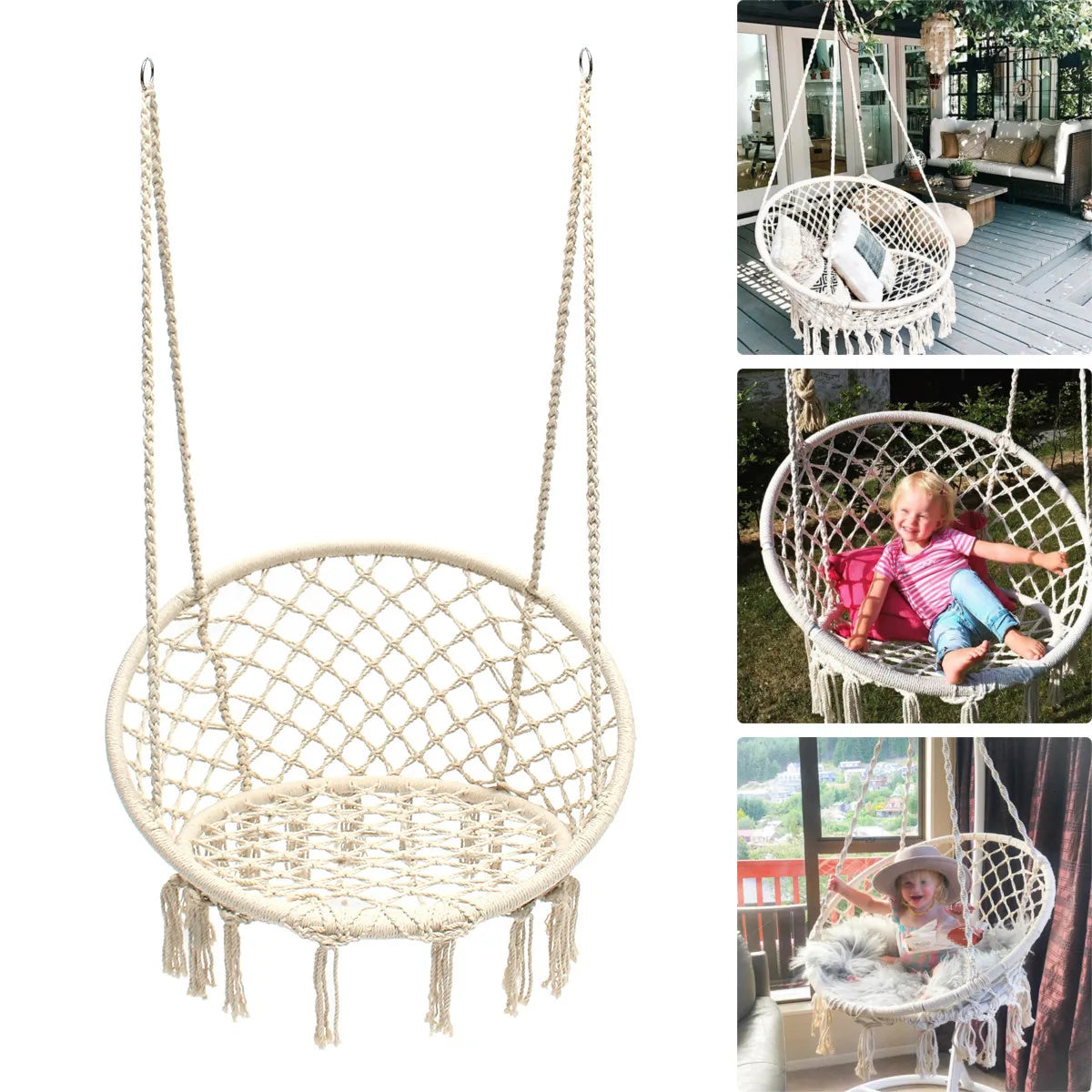 150KG Hammock Hanging Swing Chair Durable Knitted Macrame Swing Chair with Tassels Max 330 Lbs 2 Ways to Hang for Bedroom Garden