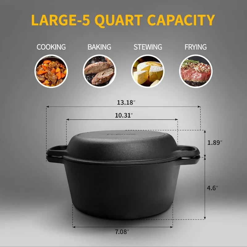 2025 2-in-1 Pre-Seasoned Cast Iron Dutch Oven Pot with lid