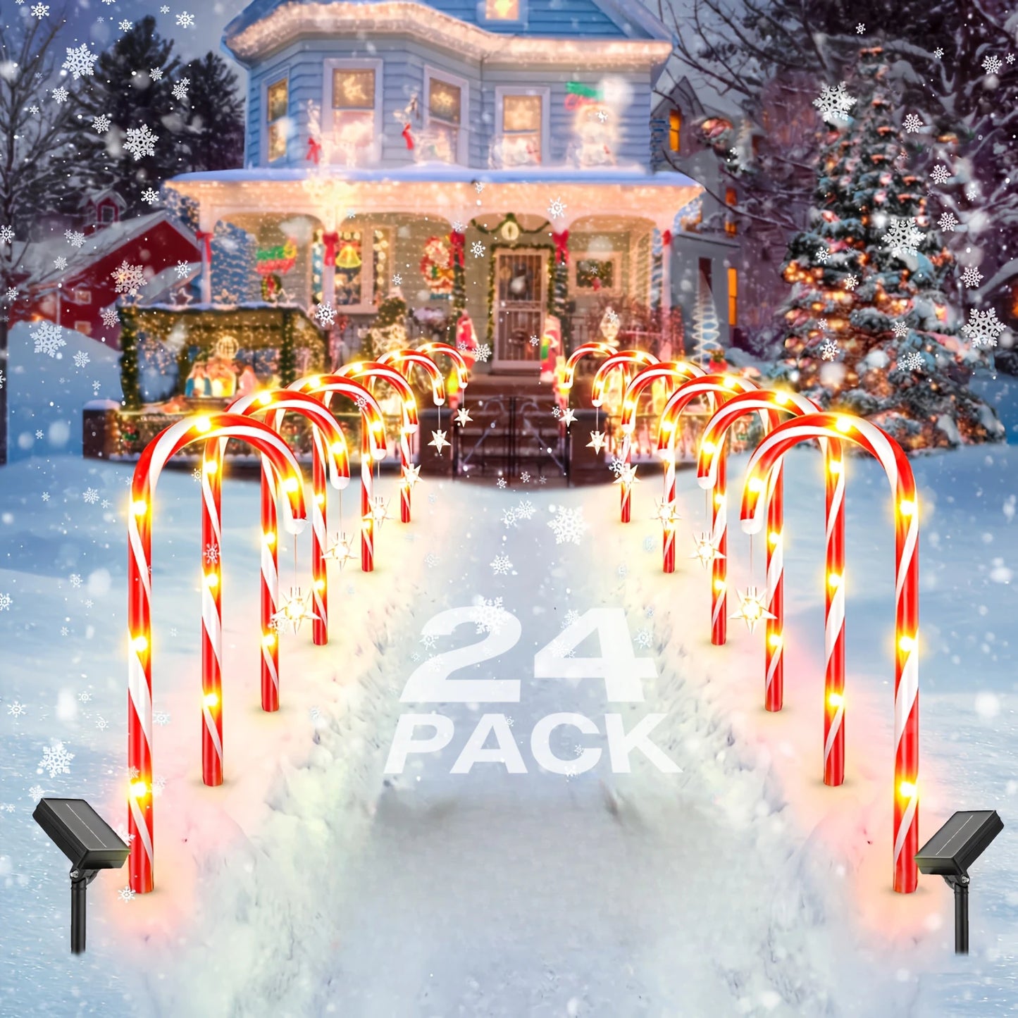 Christmas Decorations Outside144 LED Bright Solar Christmas Candy Cane Pathway Lights with Star and 8 Modes