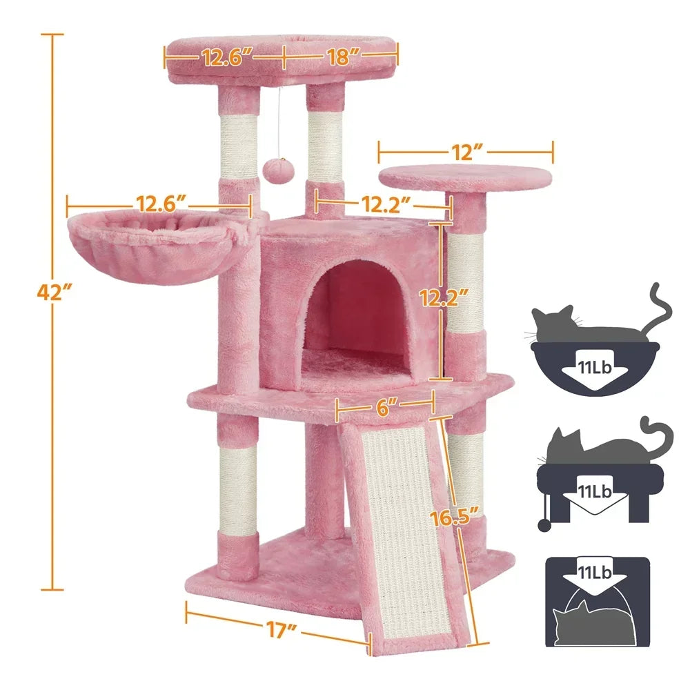 Cat Tree Cat Tower with Condo & Basket Perch Platform, Pink