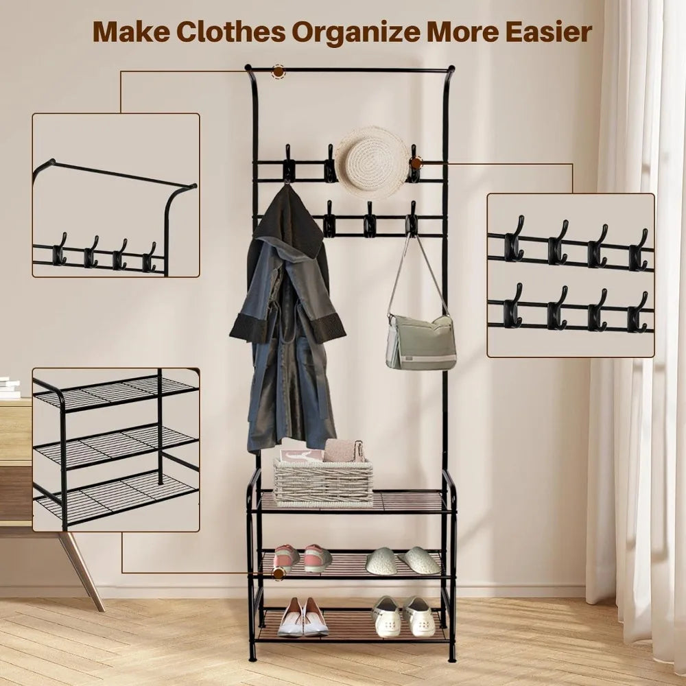 Coat and Shoe Rack 3-in-1 Metal Hall Tree with 3-Tier Shelf and 16 Hooks