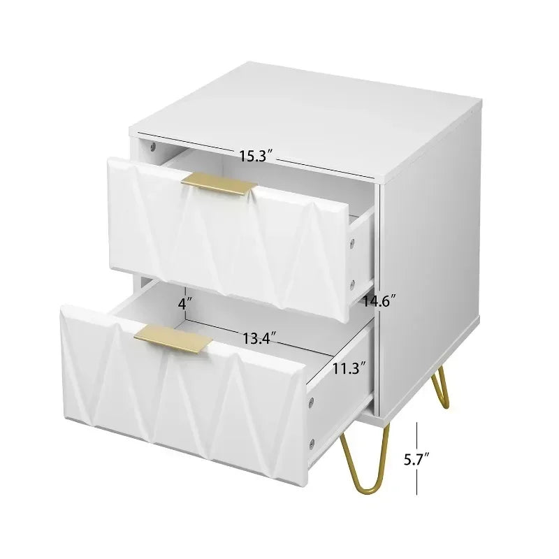 Modern Bedside Table Set with Metal Leg, Accent End Side Table White