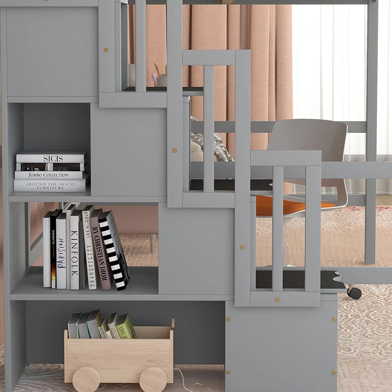 Full Size Loft Bed with Built-in Desk, Bookshelves and Storage Staircase,Grey/white