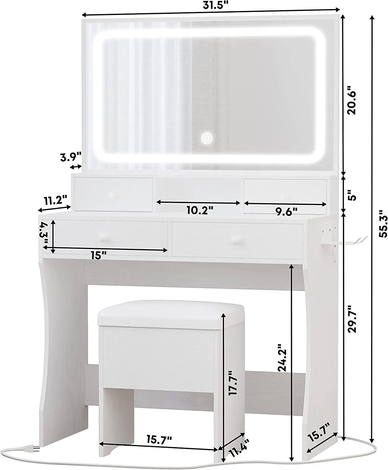 Vanity Desk with LED Lighted Mirror & Power Outlet & 4 Drawers