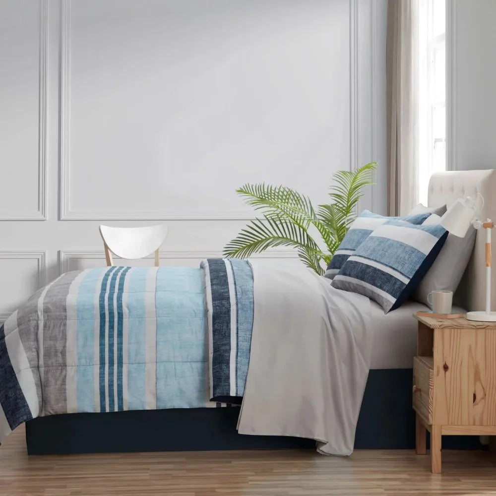 Blue Stripe 7 Piece Bed in a Bag Comforter Set