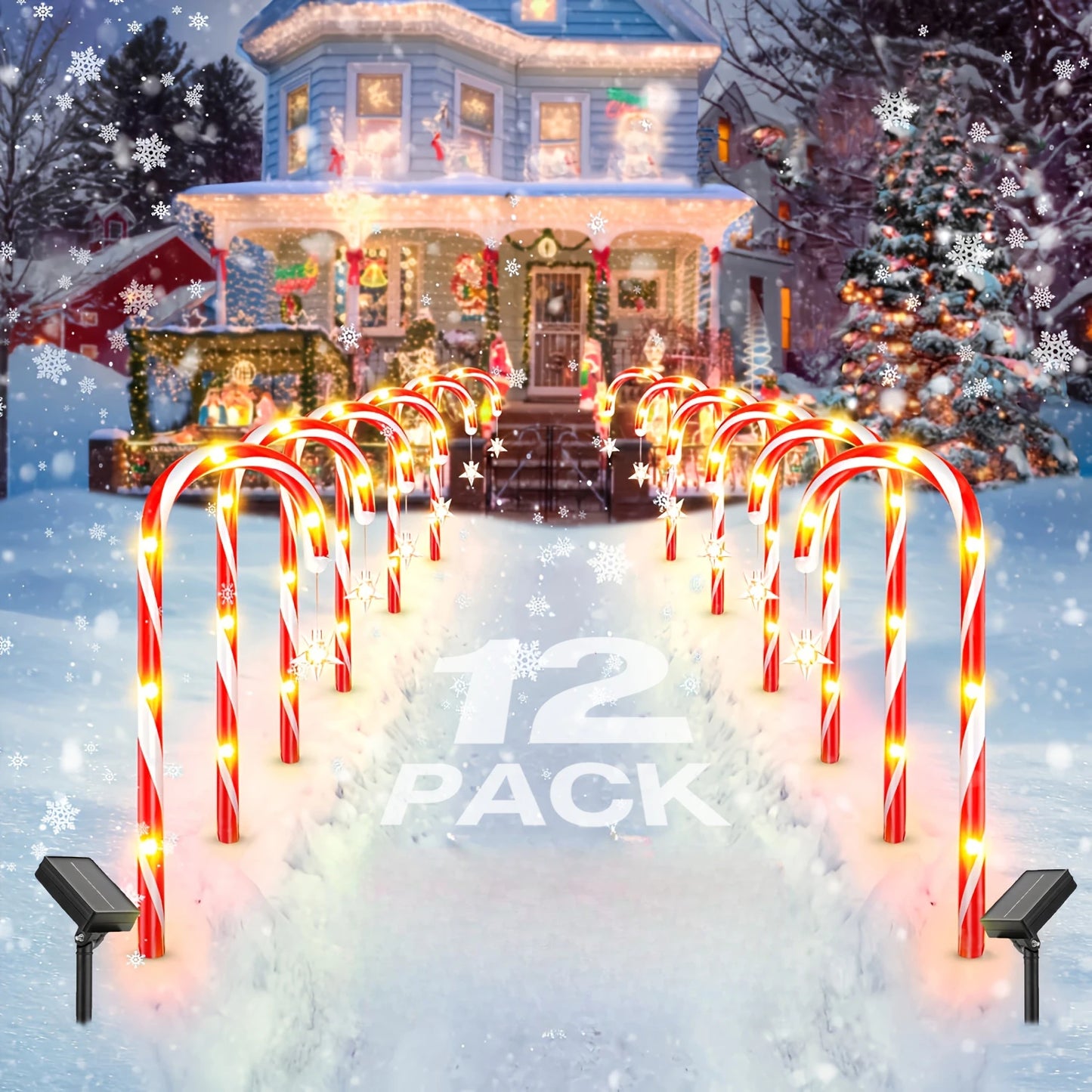 Christmas Decorations Outside144 LED Bright Solar Christmas Candy Cane Pathway Lights with Star and 8 Modes