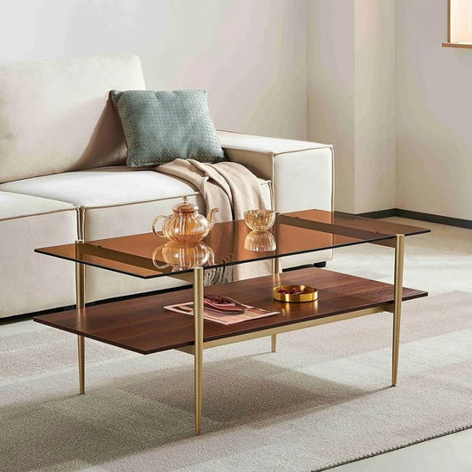 Double Layer Glass Coffee Table for Living Room, Brown Glass & Coffee Brown MDF Bottom Shelf