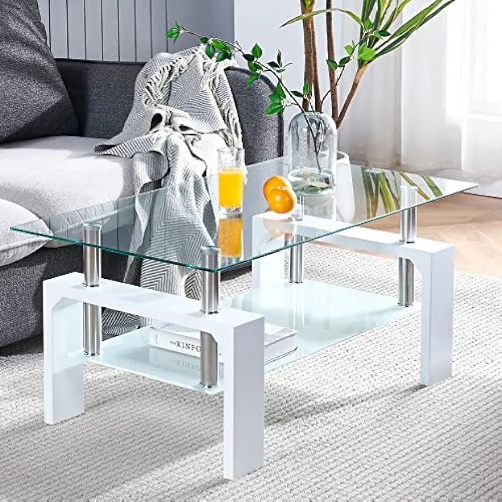 Living Room Rectangle Coffee Table with Wooden Leg Glass