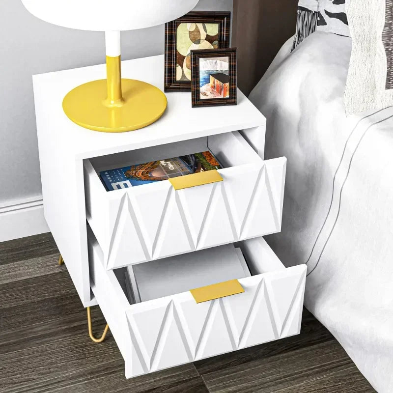 Modern Bedside Table Set with Metal Leg, Accent End Side Table White