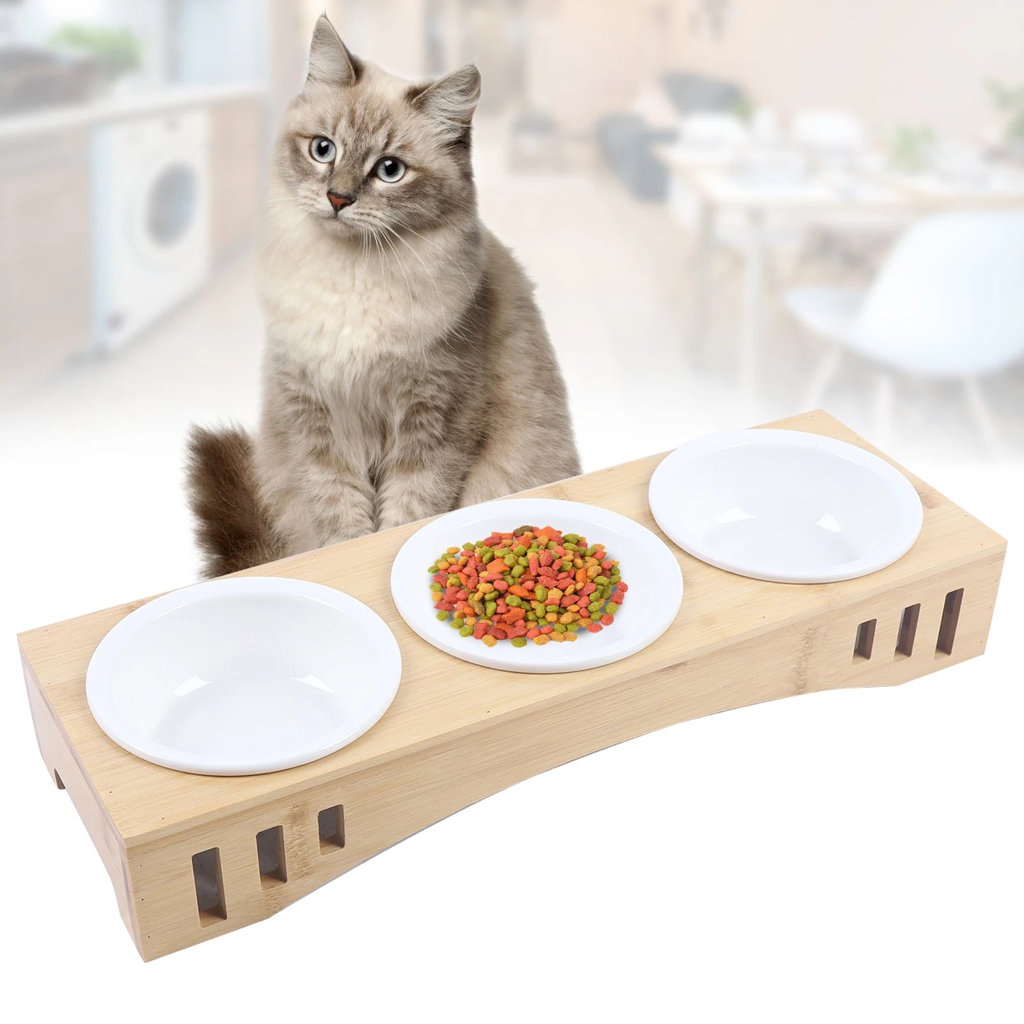 Cat Bowl Feeding and Water 3-Bowl Feeding Station with Raised Bamboo Stand