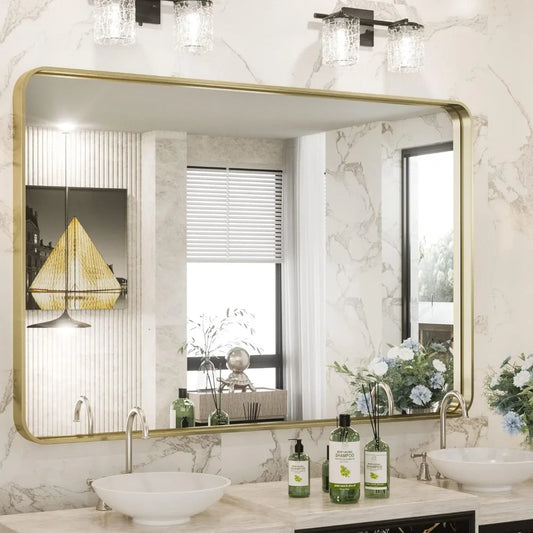 Gold Bathroom Mirror for Wall 40 x 30 Inch Rectangle in Aluminum Alloy Metal Frame Deep Set Design