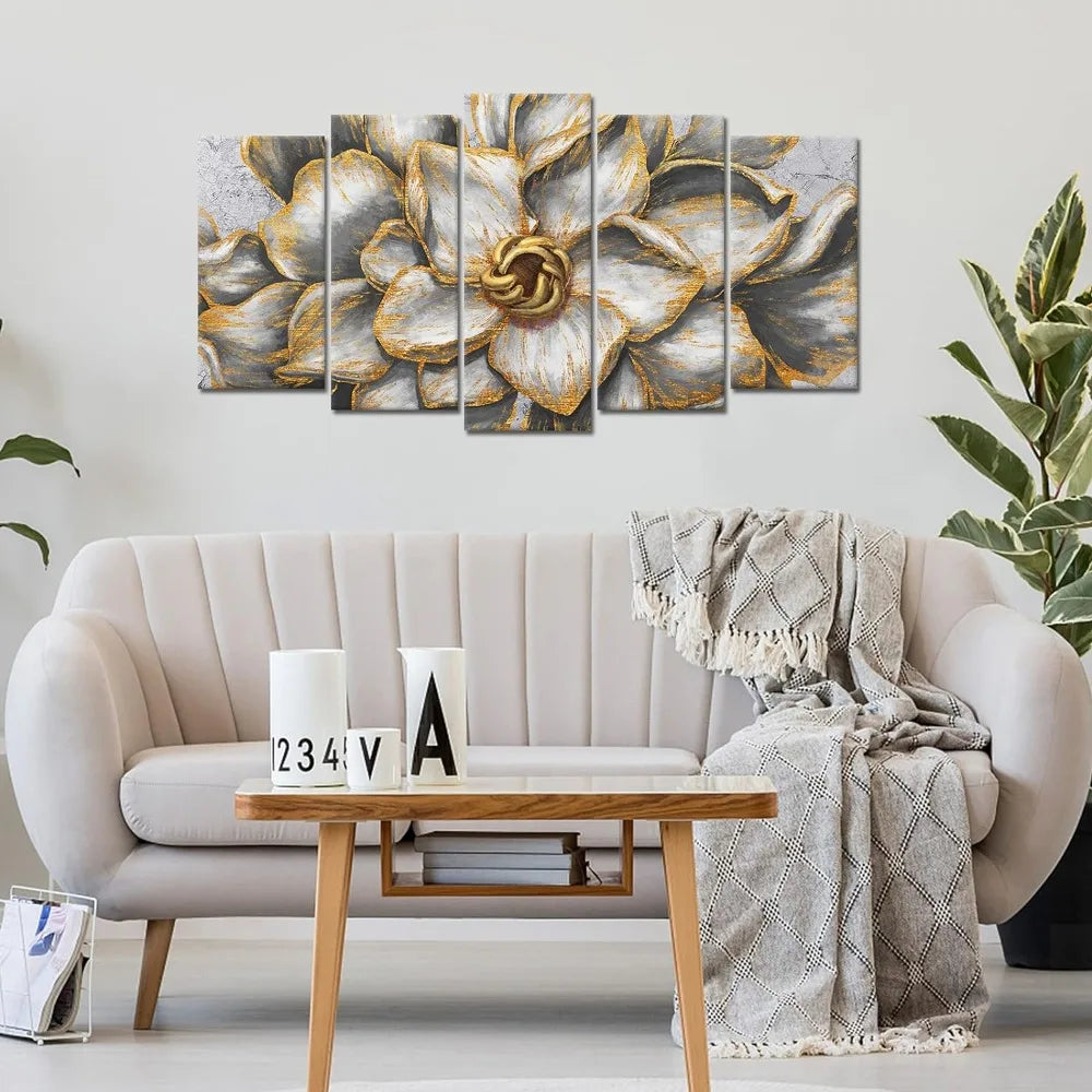 Livingroom Painting Gold Gray Flowers Vintage Abstract Elegant Print Decor Home