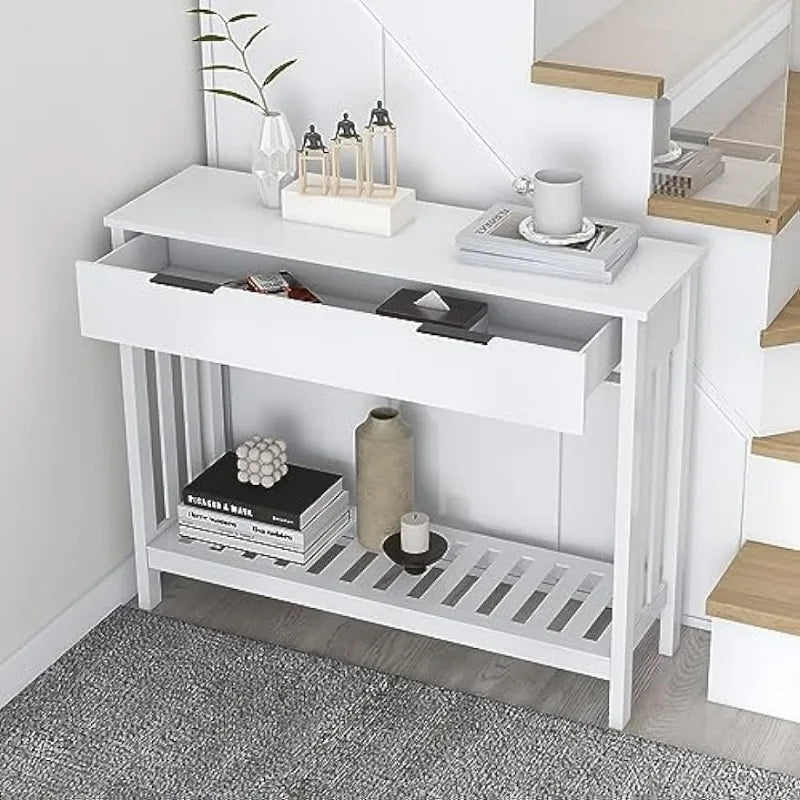 White Narrow Console Table with Storage Modern Wood