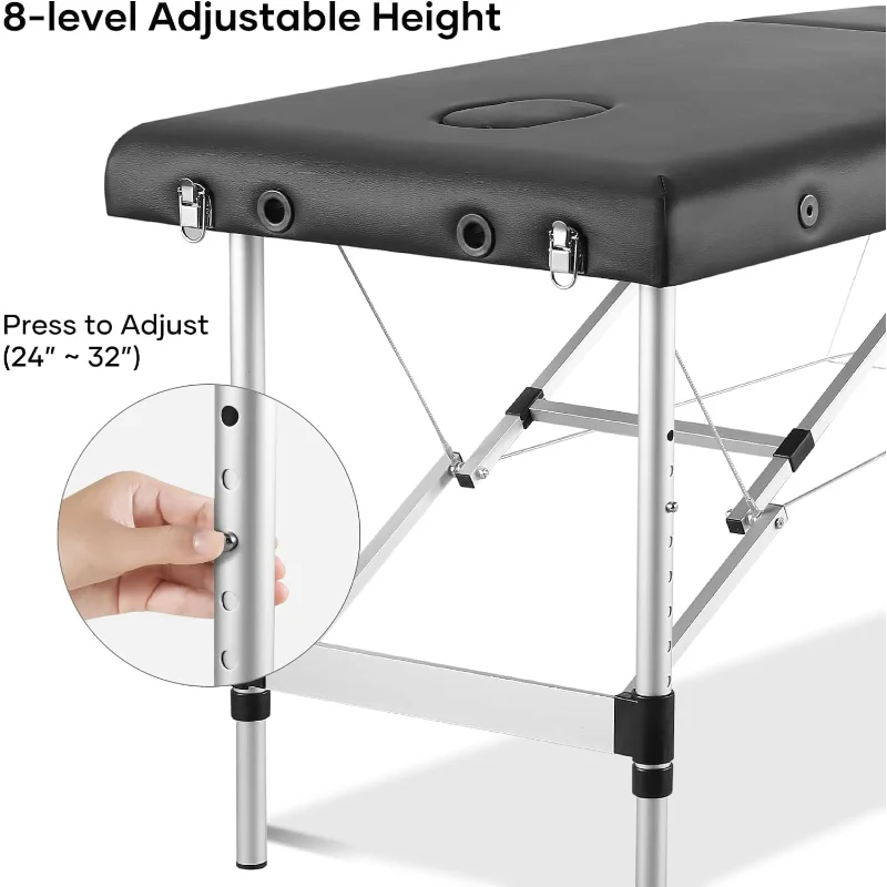 Height Adjustable Aluminum Massage Bed with Headrest, Armrests and Carry Bag,