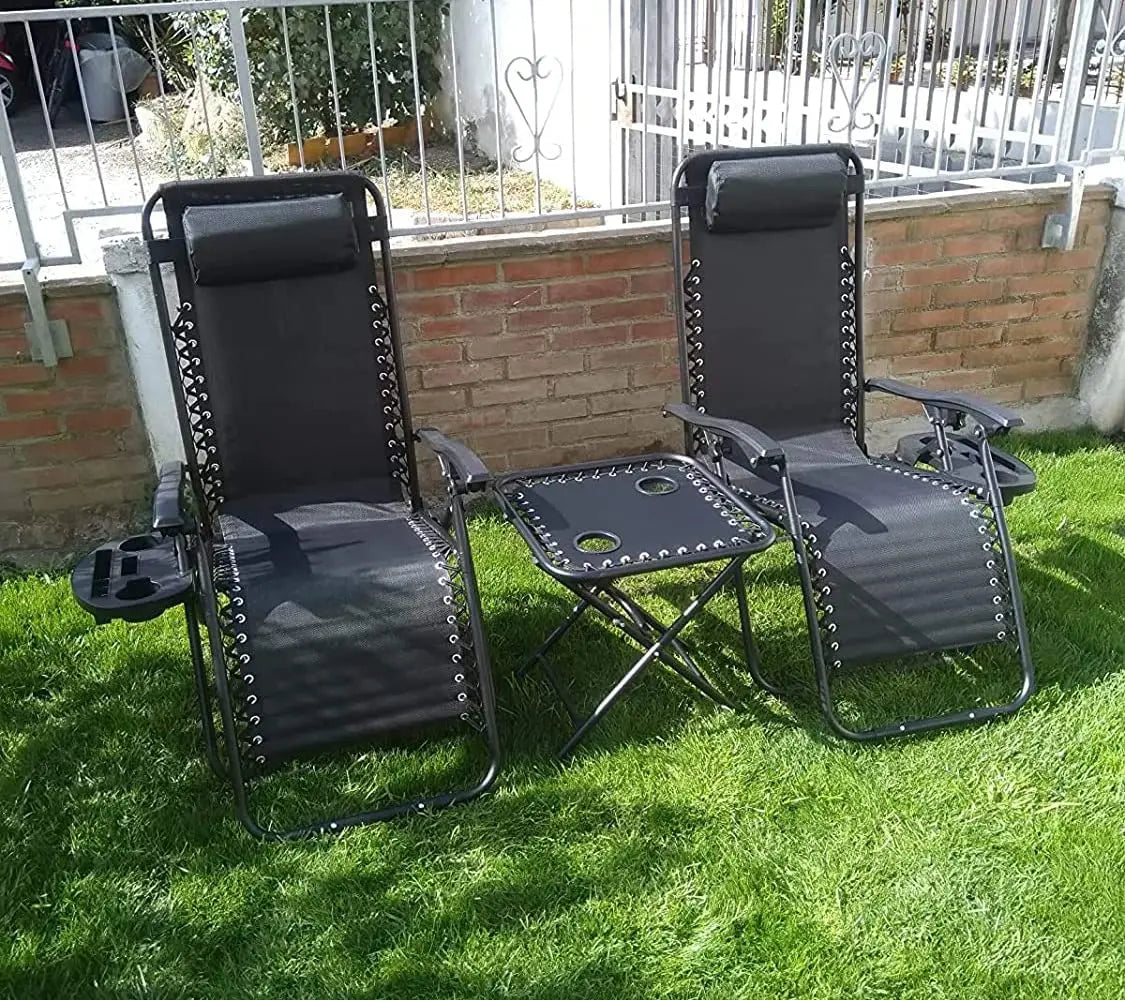 Sun Loungers Set of 2 Zero Gravity Chair Foldable with Side Table, Cup Holder, Head Cushion