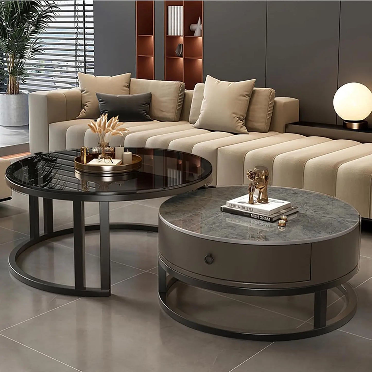 Coffee Table with drawer,round,soild wood metal frame sliding design