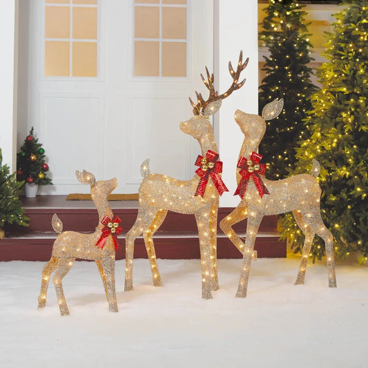 Set of 3 Light-up Glitter Deer Family With 210 Clear Incandescent Christmas Lights