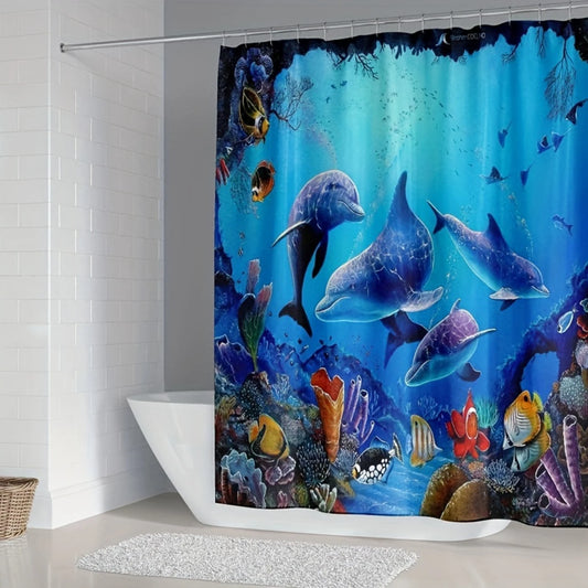 Dolphin Pattern Bathroom Curtain Set With , Non-Slip Rugs, Toilet Lid Cover And Bath Mat