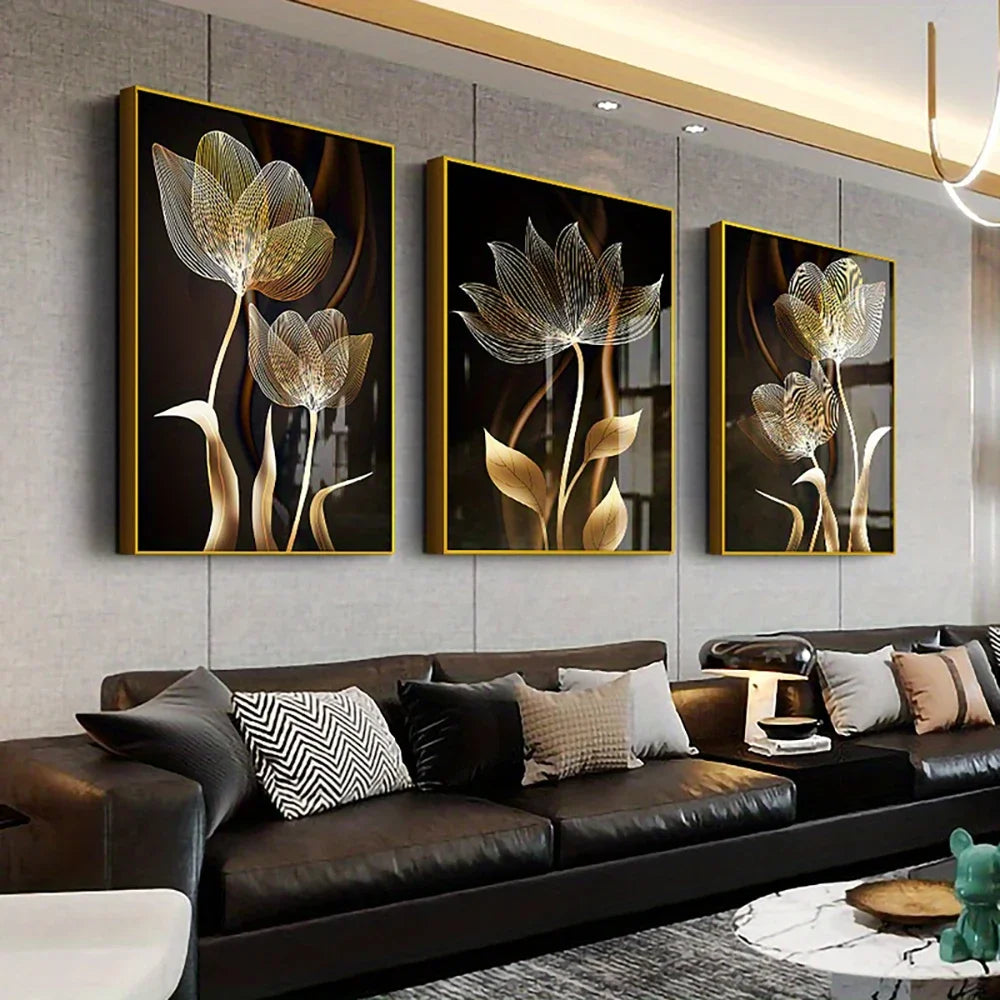 3PCS Black and Golden Flower Wall Art Canvas Painting for Living Room