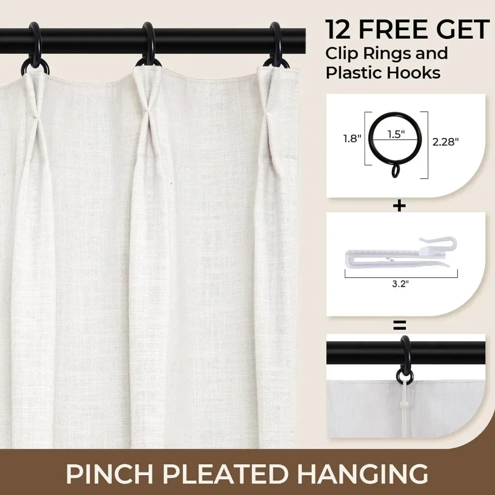 Pinch Pleated Linen Blackout Curtains 96 Inch Length 2 Panels Set,Linen Drapes W40 x L96, Beige White