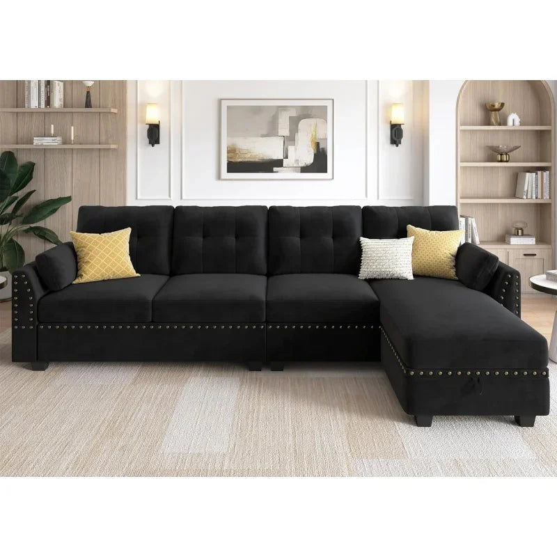 Velvet Convertible Sectional Sofa L Shaped Couch with Storage Ottoman