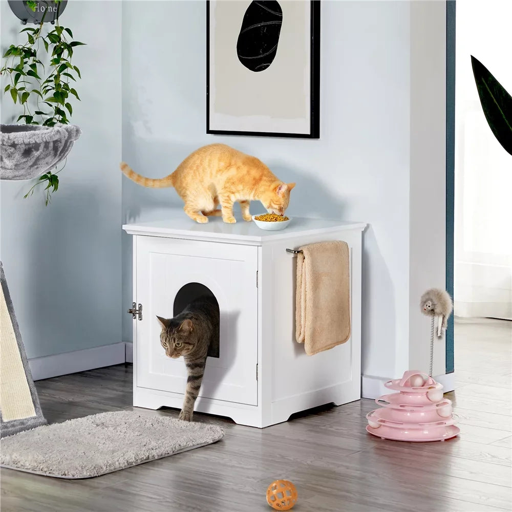 Enclosed Cat Litter Box Furniture, White