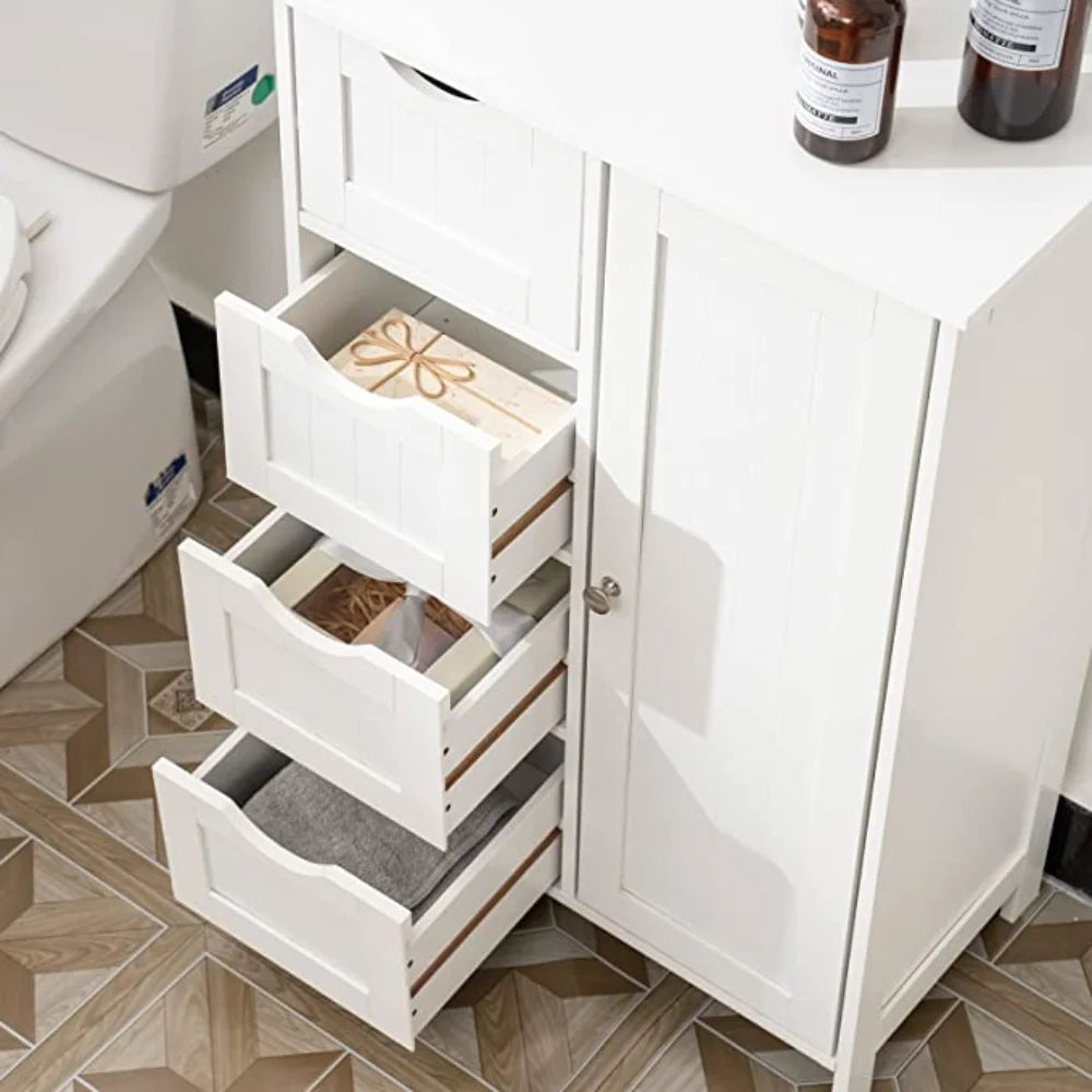 4 Drawer Storage Cabinet, Wooden Bathroom Organizer and  Cupboard 2 Shelves, White  Shelf