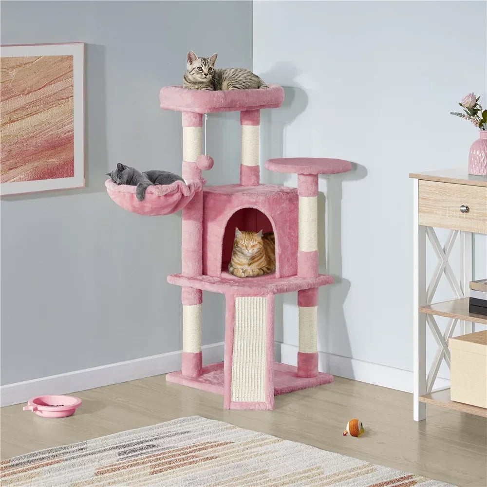 Cat Tree Cat Tower with Condo & Basket Perch Platform, Pink