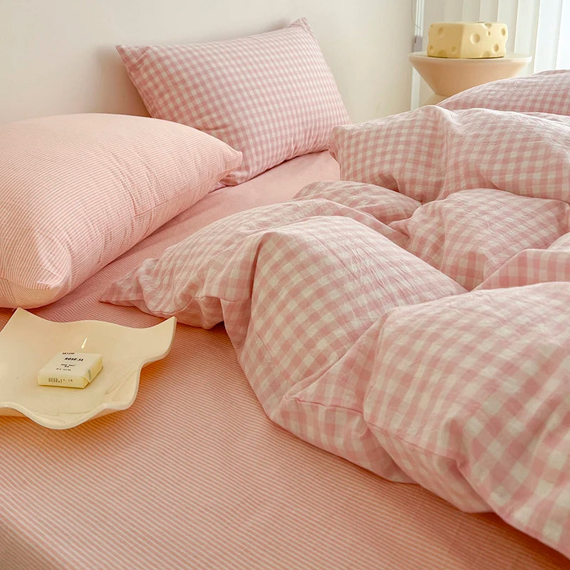 Simple Pink Stripe Bedding Set Bed Flat Sheet Pillowcase Full /Queen Bed Linen