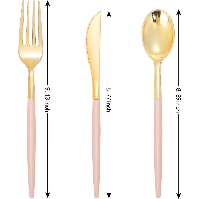 144 Pcs Gold Plastic Silverware, Disposable Flatware with Pink Handle, Gold Plastic Gold Tableware or Holidays