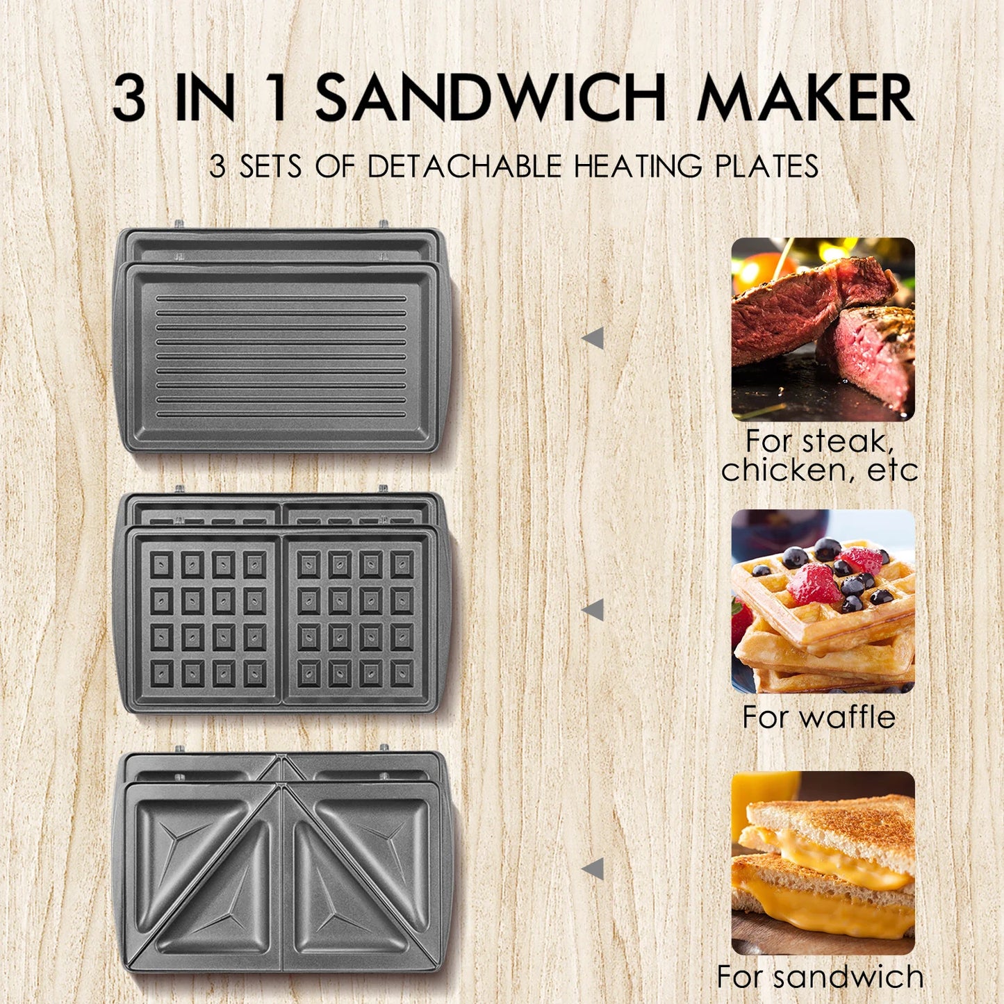 3 in 1 Waffle Maker, Toaster and Electric Panini Press Grill with Non-stick Coating Plate