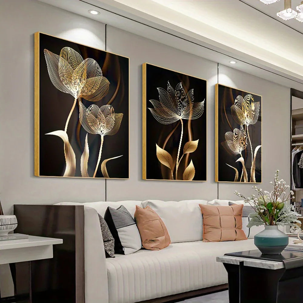 3PCS Black and Golden Flower Wall Art Canvas Painting for Living Room