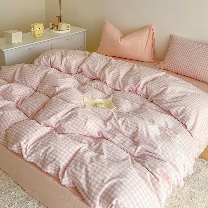 Simple Pink Stripe Bedding Set Bed Flat Sheet Pillowcase Full /Queen Bed Linen