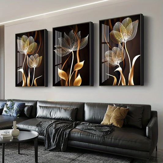 3PCS Black and Golden Flower Wall Art Canvas Painting for Living Room