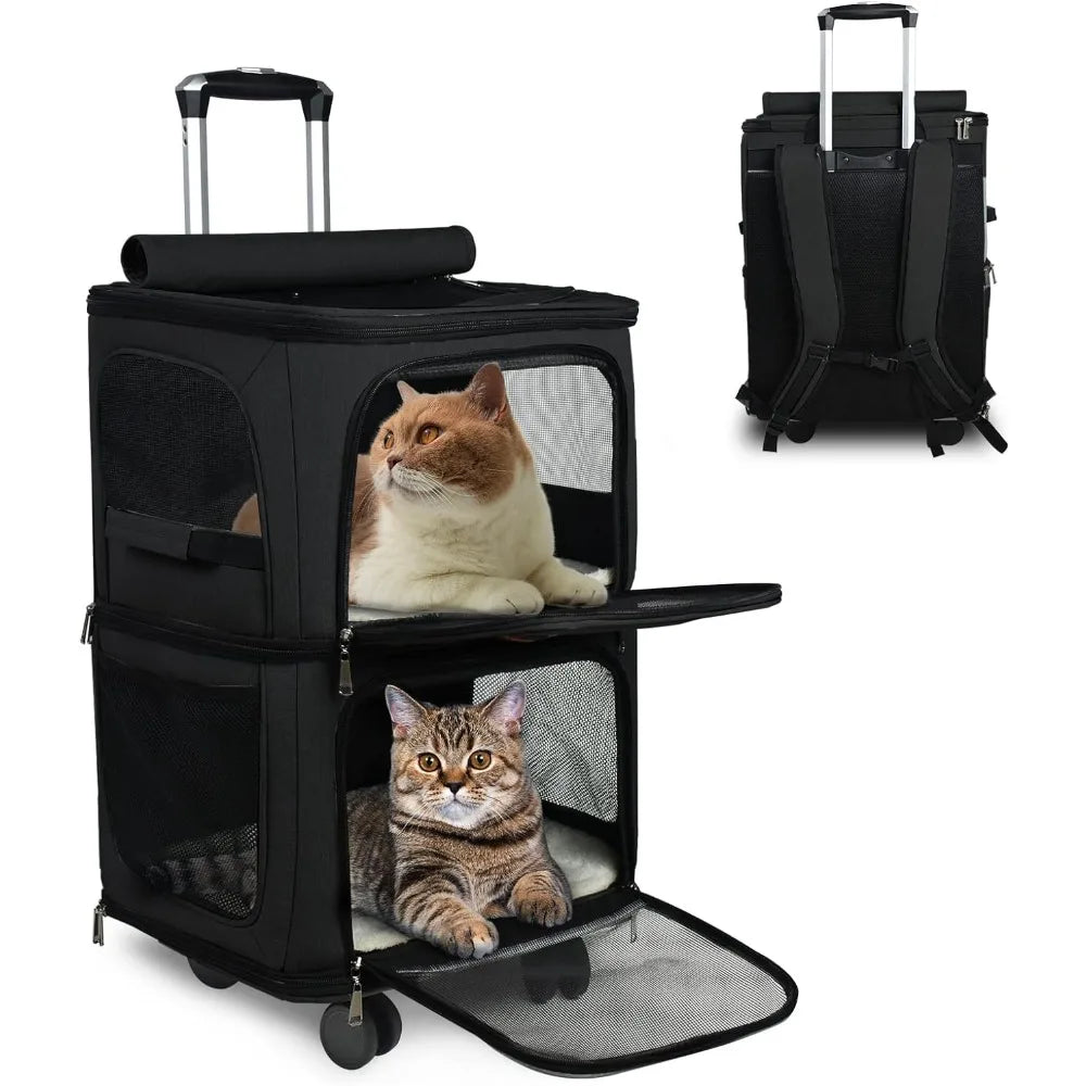 Double-Compartment Pet cat Rolling Carrier Backpack with Wheels