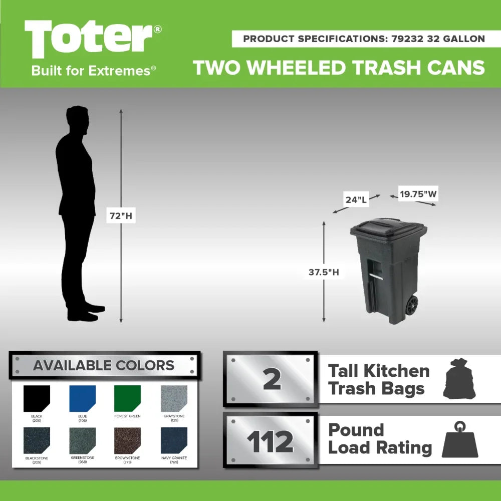 Toter 32 Gallon Garbage Can Black with Wheels and Lid