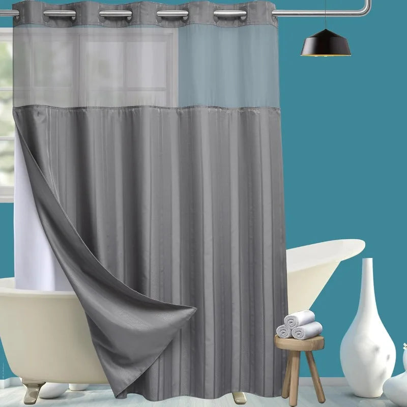 Fabric Shower Curtain Set with Snap in Line See Through Top Window, Waffle Weave Shower Curtain