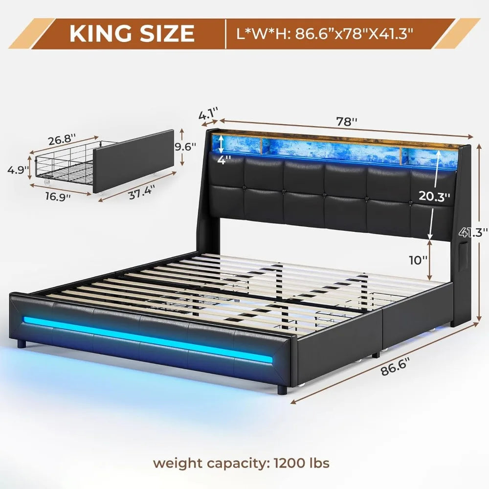 King Size Bed Frame w 4 Storage Drawers,Charging Station and LED Lights, Upholstered Bed Frame