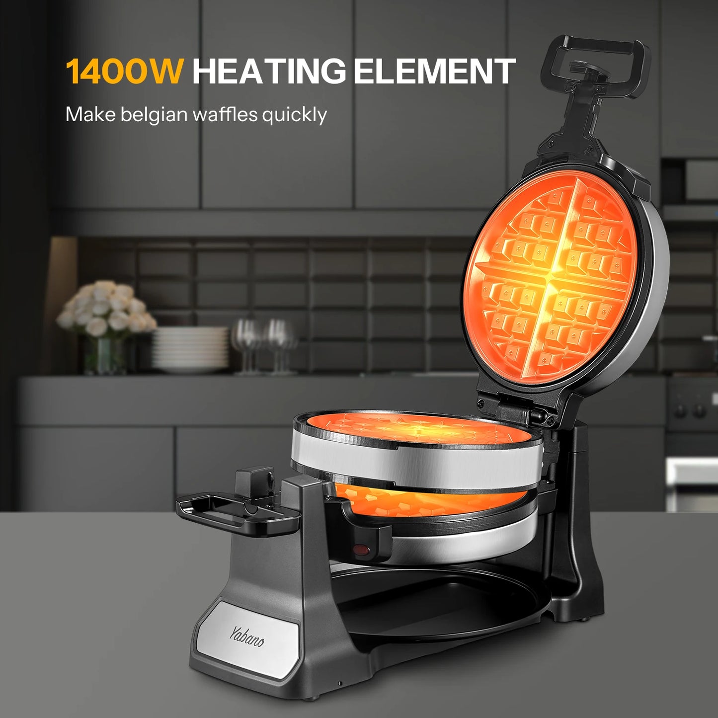 Belgian Waffle Maker, Classic Rotating Waffle Iron with Nonstick Plates, Removable Drip Tray