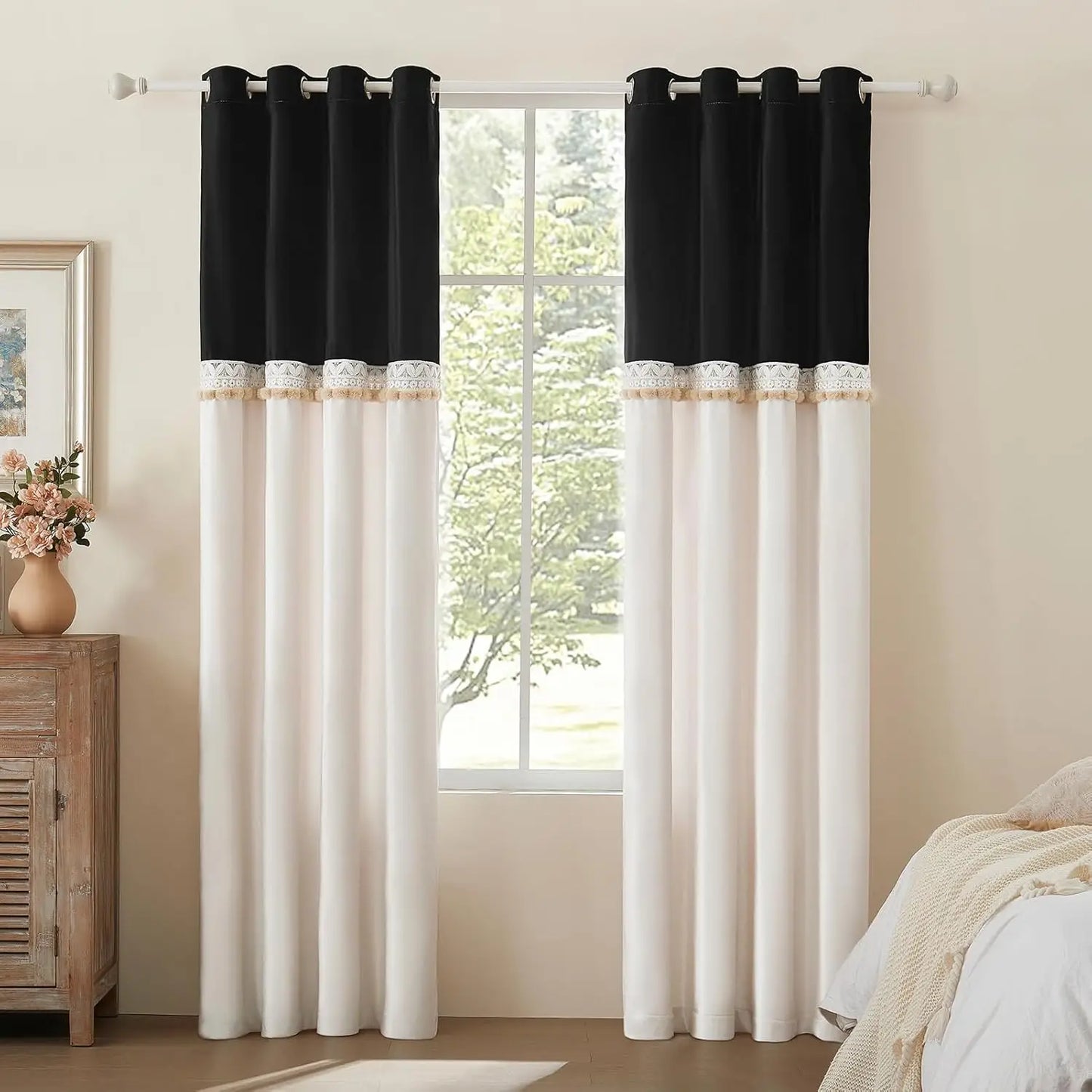 Curtains for Living Room 96 Inches Long Black Ivory 2 Panels Set