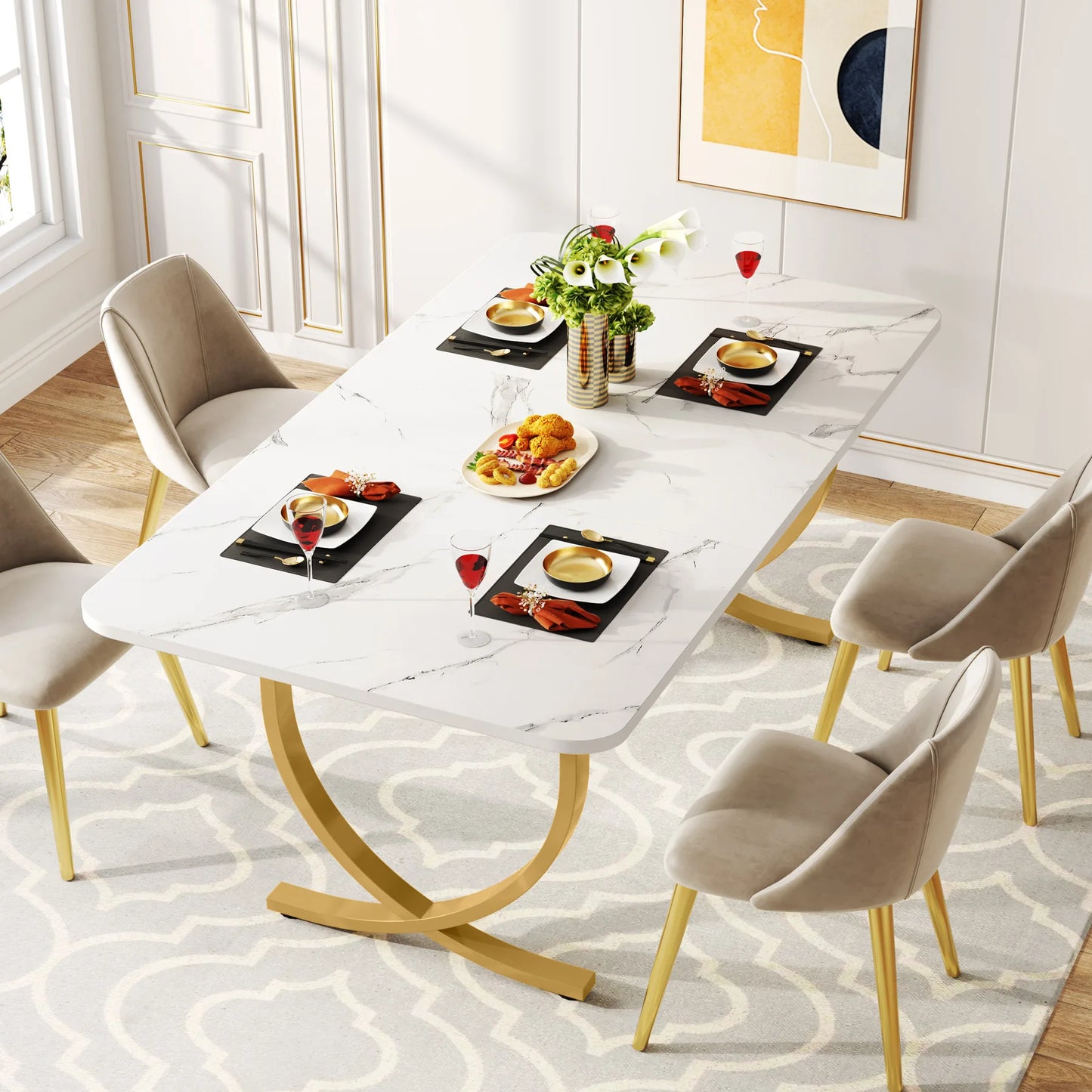 Modern Dining Table Kitchen Table with Faux Marble Top