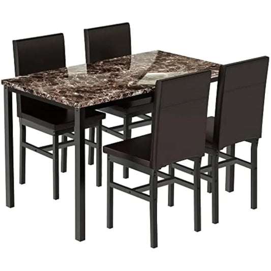 Marble Dining Set Kitchen Table and Chairs with 4 Leather Upholstered Chairs