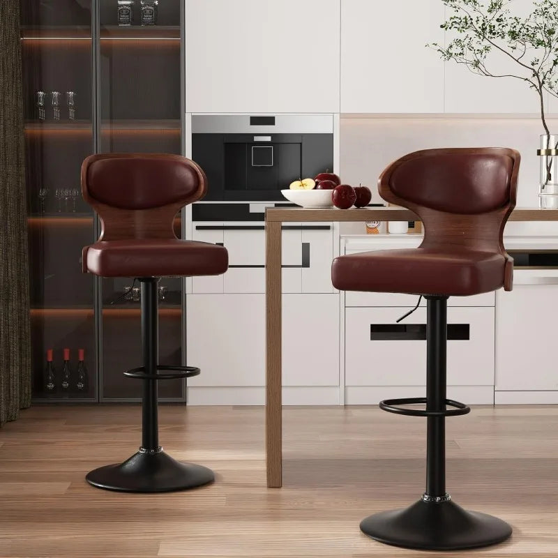 Bar Stools Set of 2 Seat Adjustable Height 24.5-33.5IN Swivel with Back & Footrest Leather Upholstered